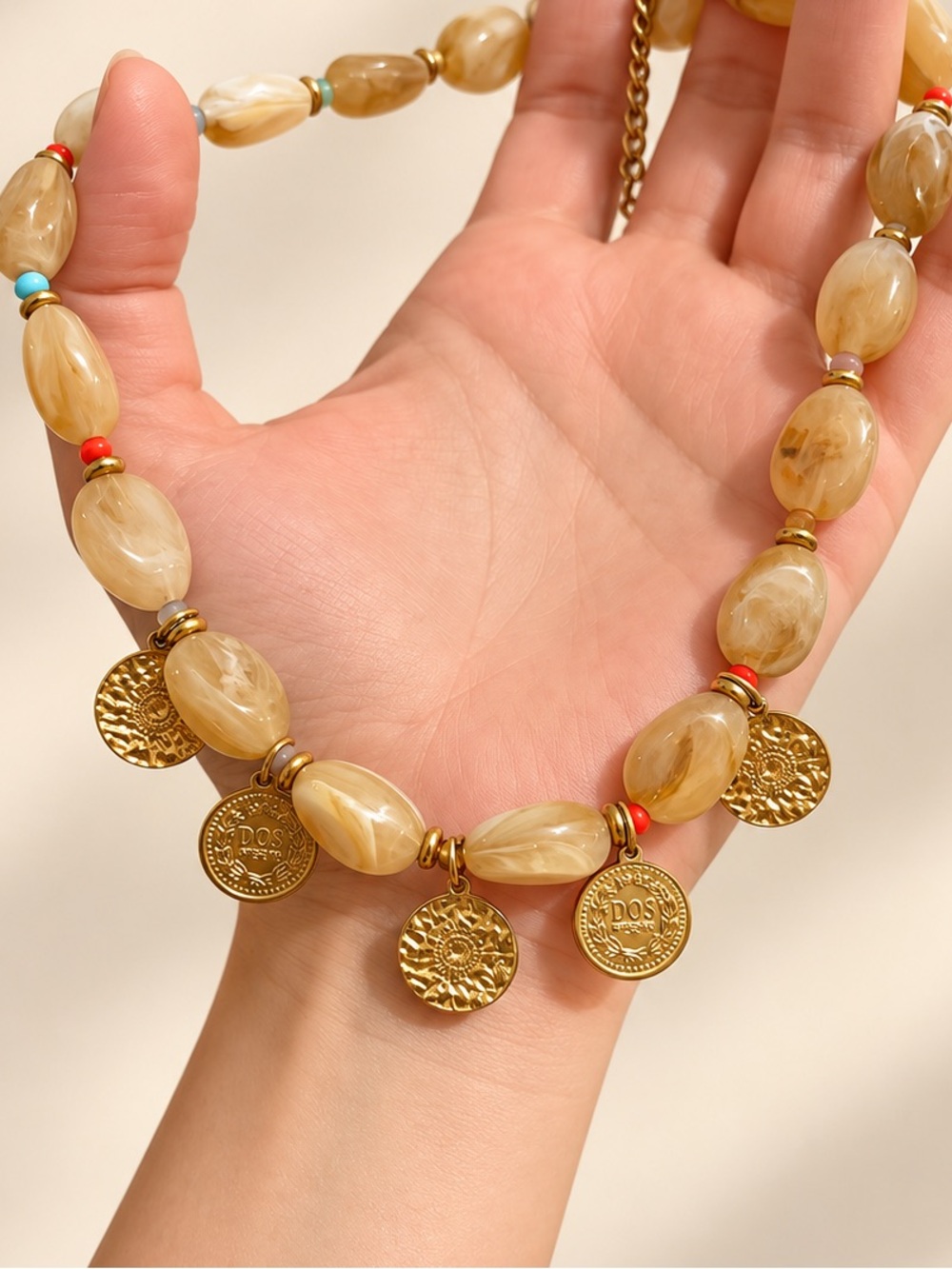 Golden Bead Coin Charm Necklace with Colorful Accents Chunky Beaded